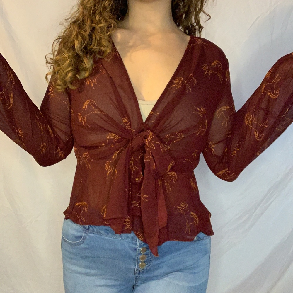 Sheer Self-Tie Front Horse Print Top Open Back